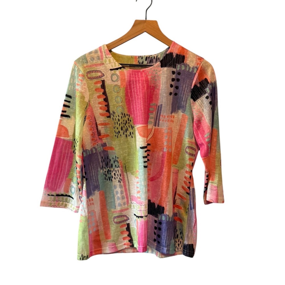 Kleio Womens Abstract Painterly Print 3/4 Sleeve Textured Knit Top Multi Color M